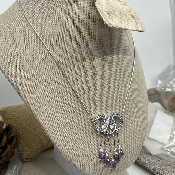 90s Vintage Sterling Silver Necklace with Amethyst & Tanzanite Gemstones - Picture 8 of 13